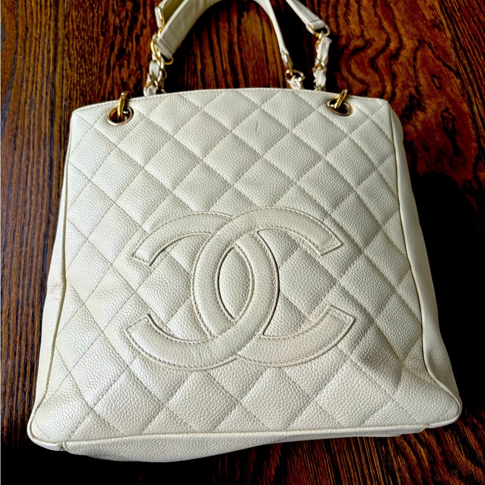 Chanel quilted shopping tote. Small cream colored. Vintage